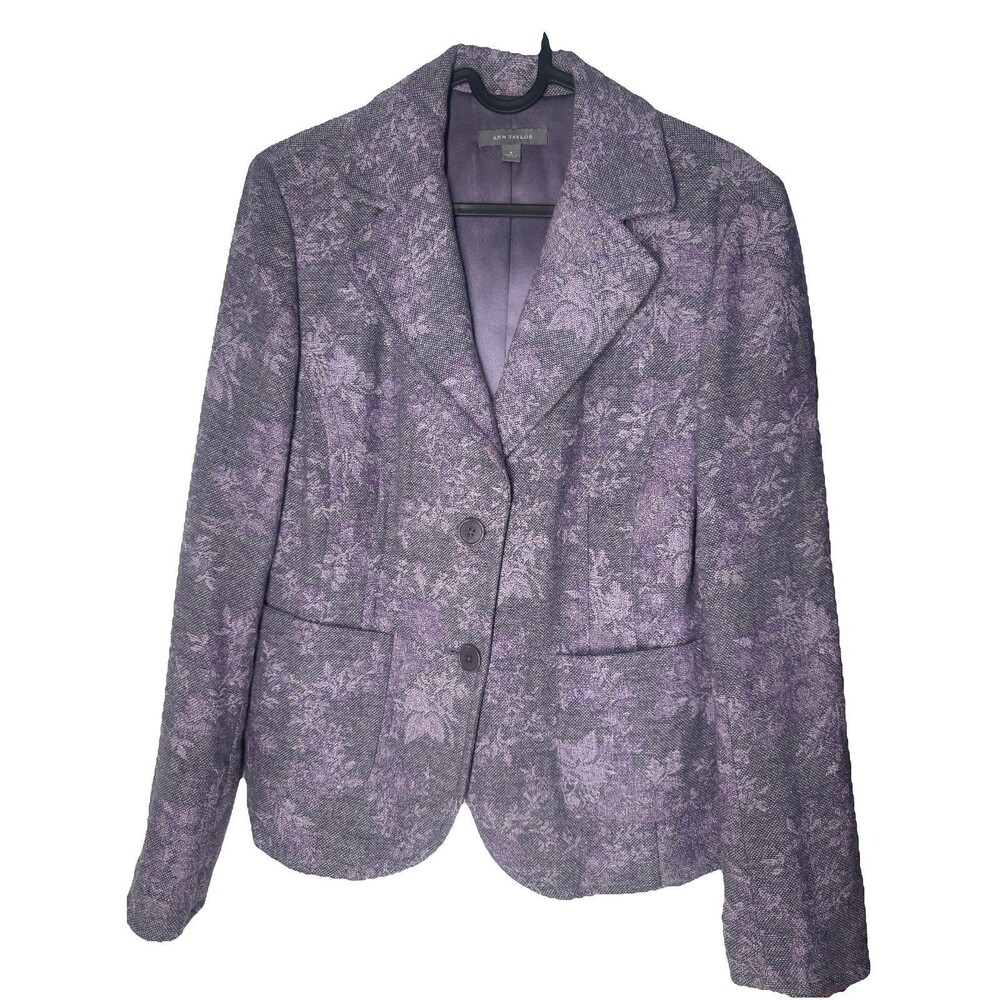 Rare Retro Ann Taylor Unique Wool Blend Purple Floral Blazer Jacket Women Size 8